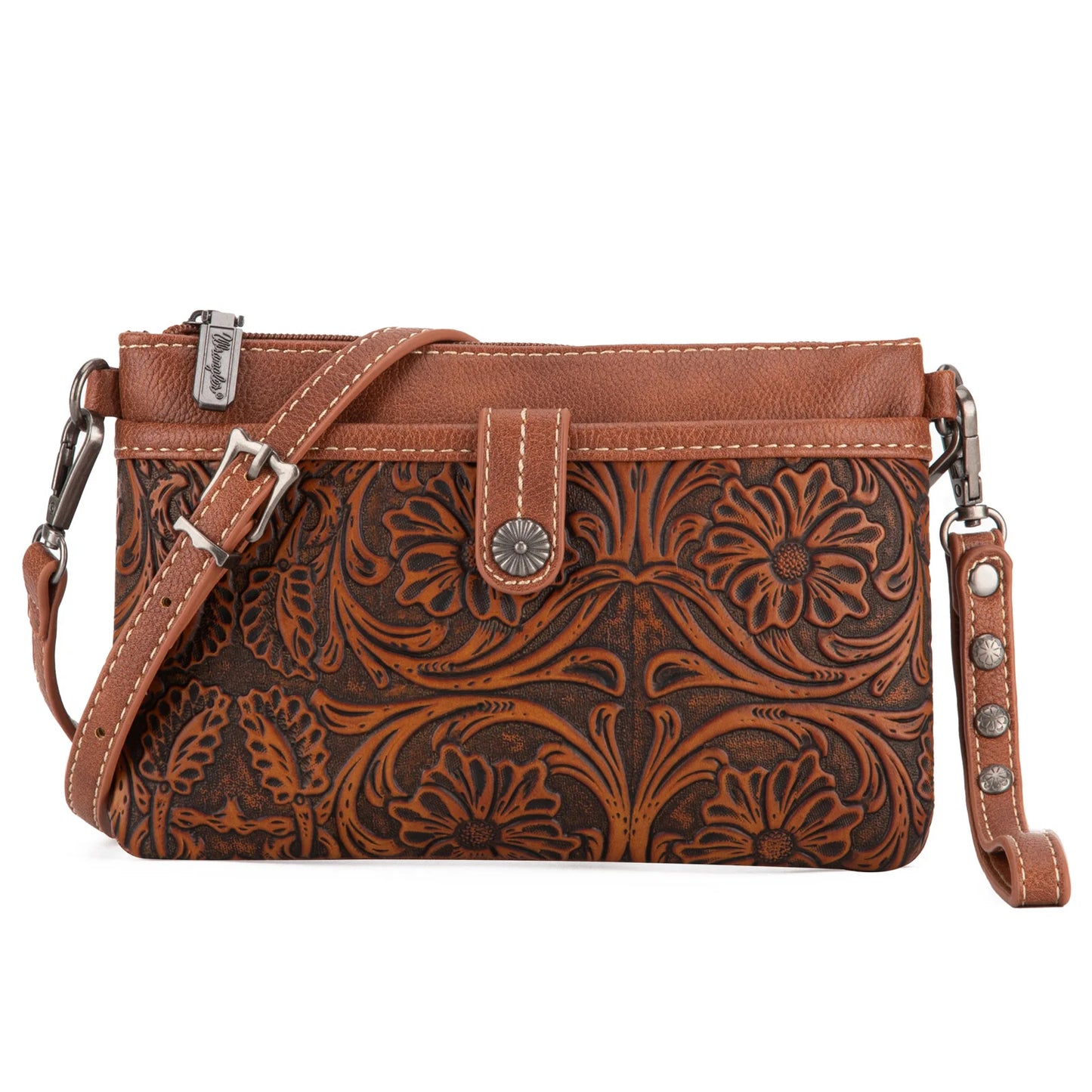 Wrangler Vintage Floral Tooled Crossbody Brown