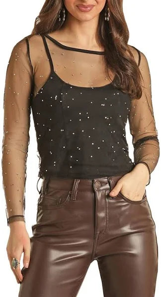 Rock&Roll Denim Mesh Rhinestone Top