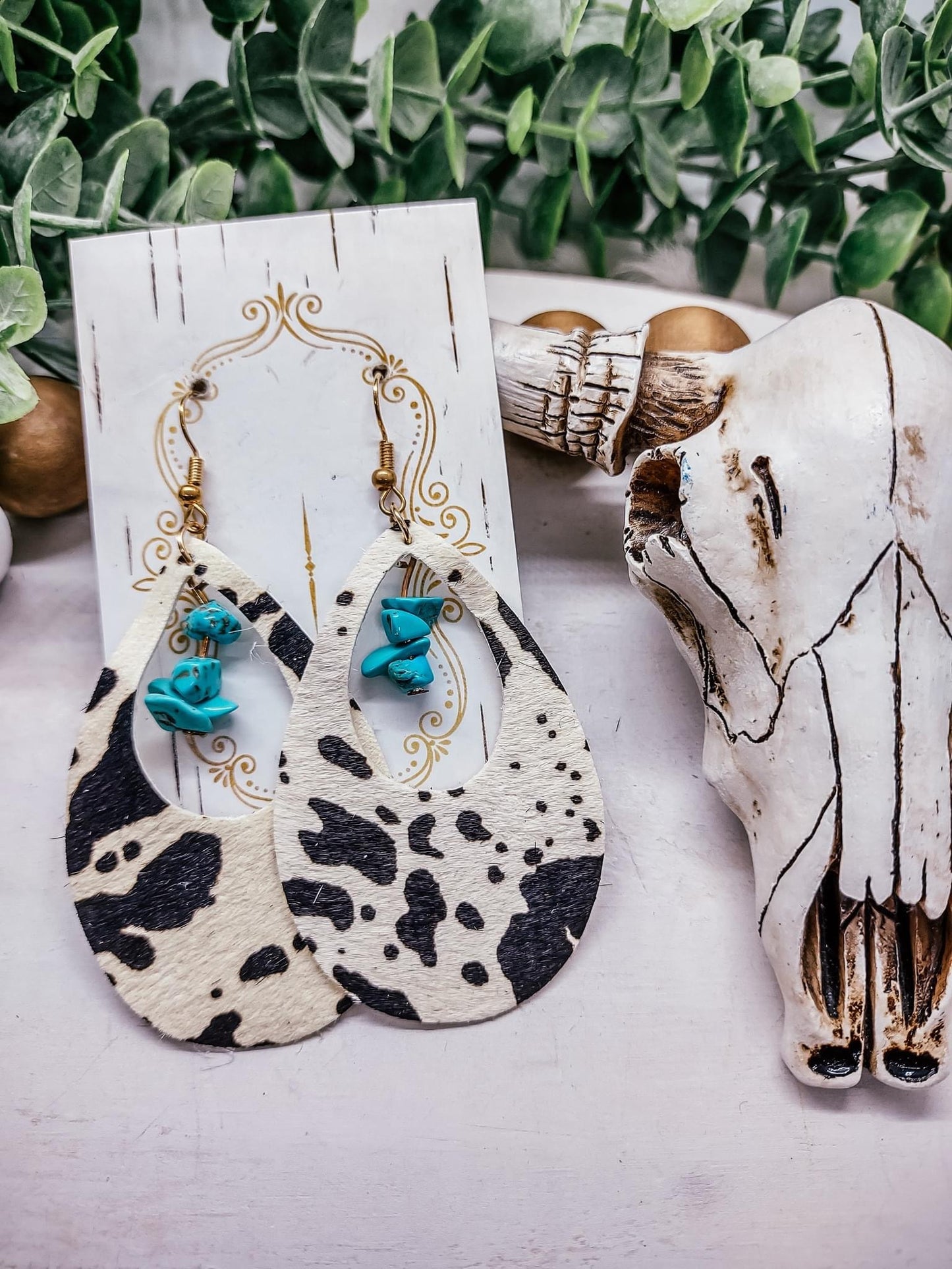 Genuine Hair on Cowhide and Beaded Earrings
