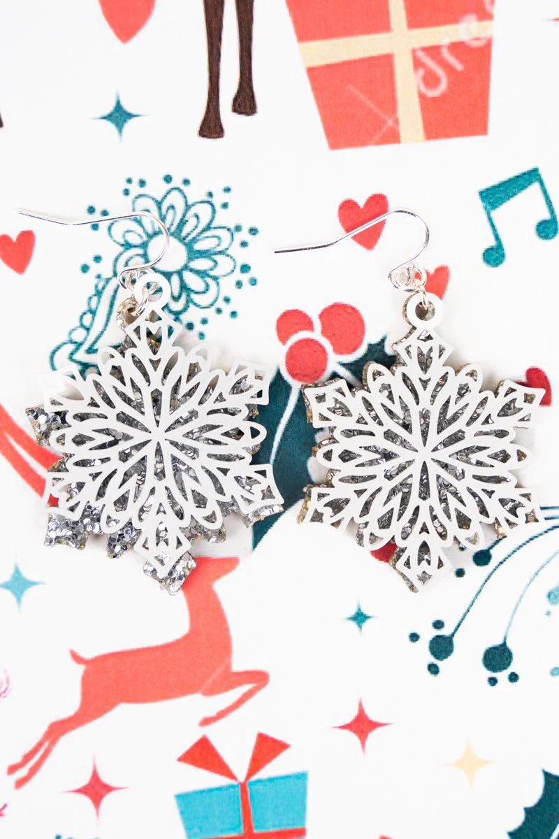White and Silver Glitter Snowflake Earrings
