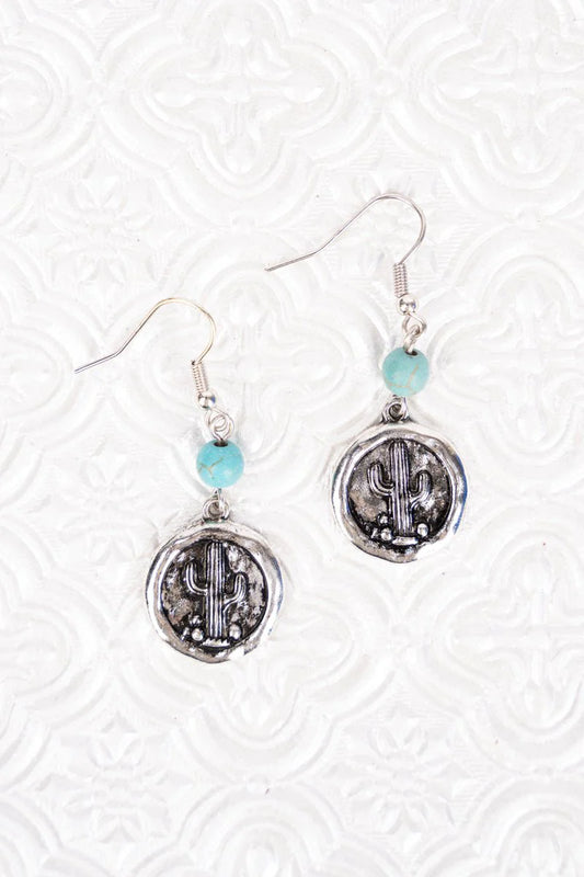 Turquoise Bead and Cactus Disk Earrings